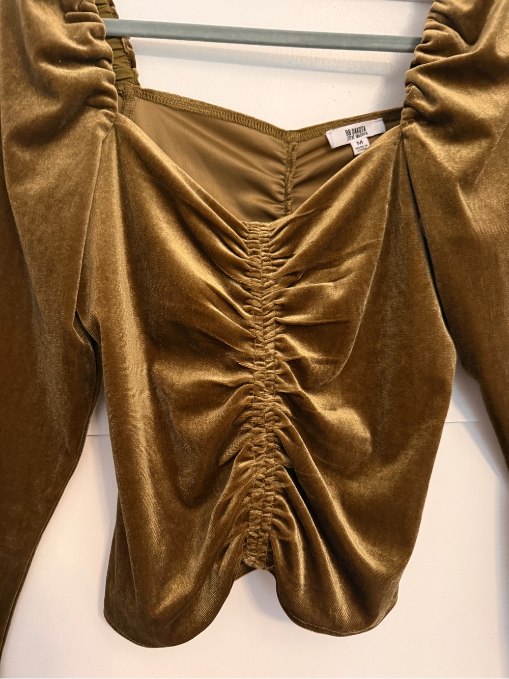 BB Dakota Golden Olive Ruched Velvet Long Sleeve Top